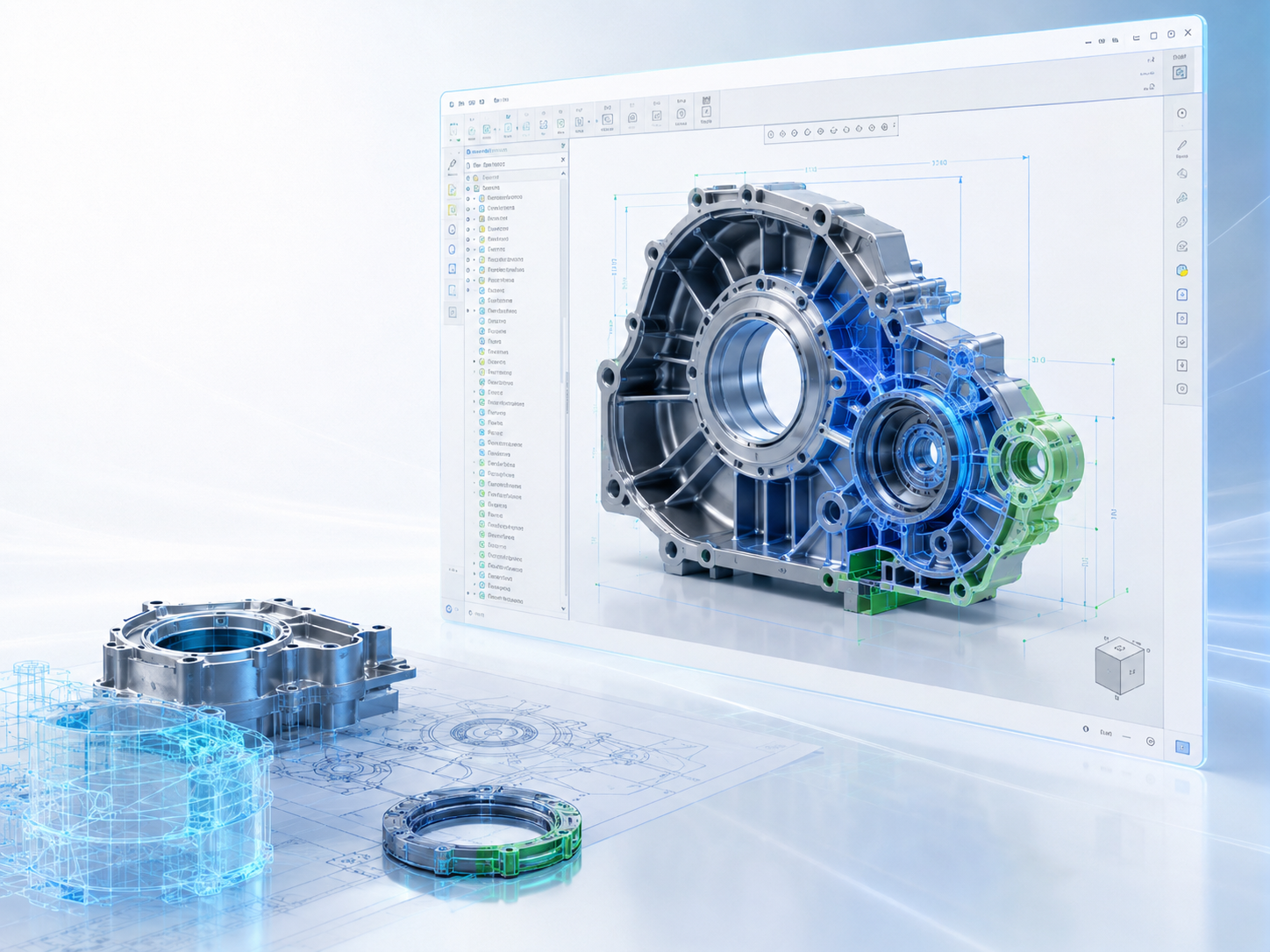 Creo Parametric 3D CAD Modeling Software แสดงโมเดลชิ้นส่วนเครื่องกลสำหรับงานออกแบบผลิตภัณฑ์อุตสาหกรรม