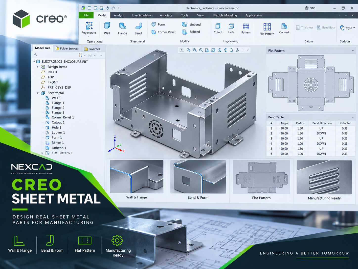 อบรม Creo Sheet Metal แสดงการออกแบบชิ้นงานโลหะแผ่น Wall Flange Bend และ Flat Pattern